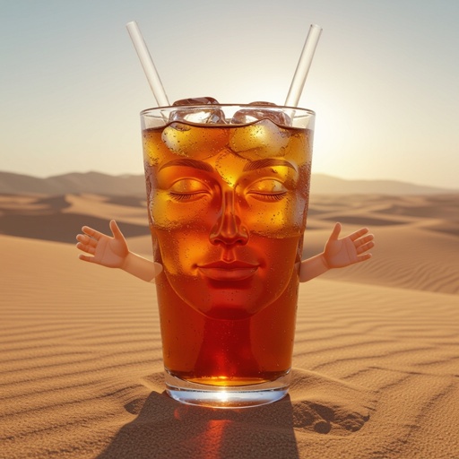 Iced tea with human face 2 human arm 2 human foot in desert