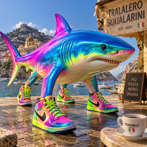 Colorful cartoon shark wearing neon sneakers in a scenic seaside village.
