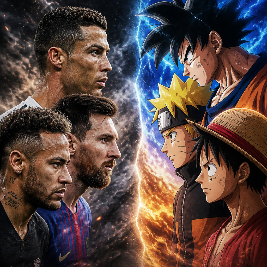 Ronaldo and Messi and Neymar against anime