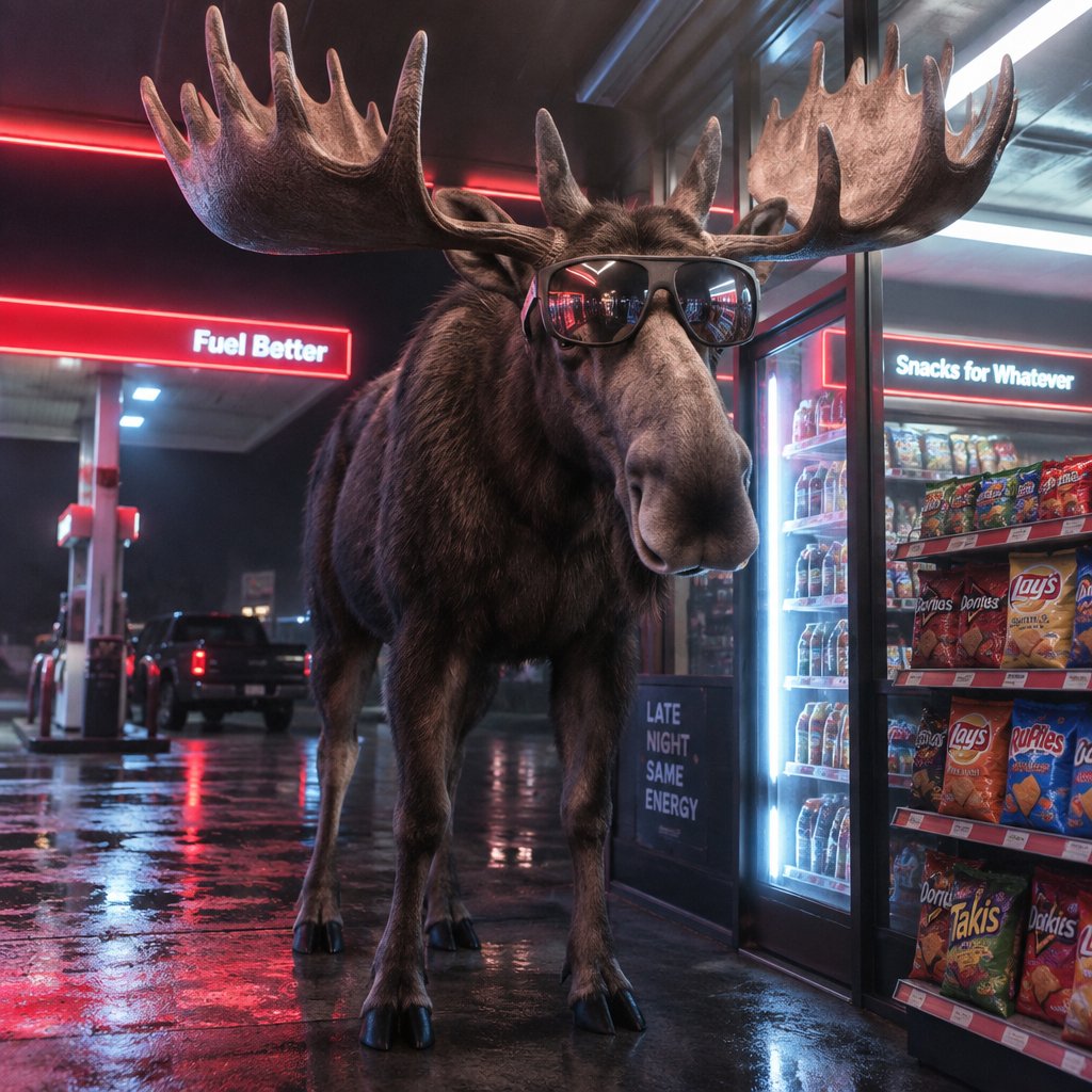 A moose stands in a neon-lit convenience store with glossy, surreal styling.