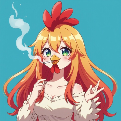 Pollo con braccia e gambe con i capelli lunghi che fuma una canna