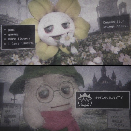 Two surreal flower-headed plush figures in a grayscale garden with meme text overlays