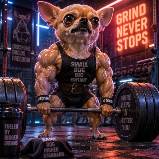 Muscular dog lifting a barbell in a neon-lit gym, with motivational text and red-blue lighting.