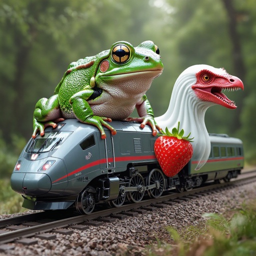 Una rana fusa con una ruota fuso con un t-rex fantasma fuso con lo struzzo treno futuristico usa ad un elefante fragola