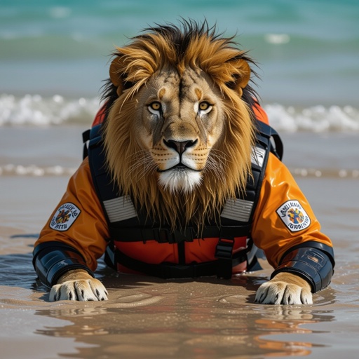 Lion As Water rescue in water rescue suit on beach