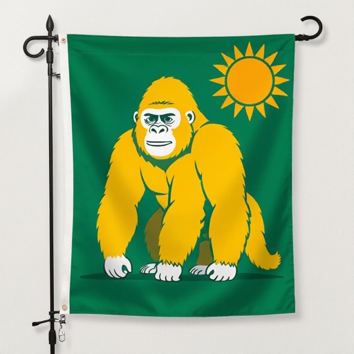 黄色いゴリラと太陽が描かれた緑色の背景の旗