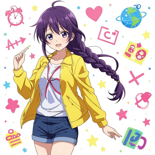 Ragazza con treccia e capelli viola vestita con giacchetta gialla e pantaloni blu corti