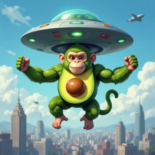 Monkey with avocado body 2 green muscle arm 2 green muscle leg with to ufo flying in sky in city