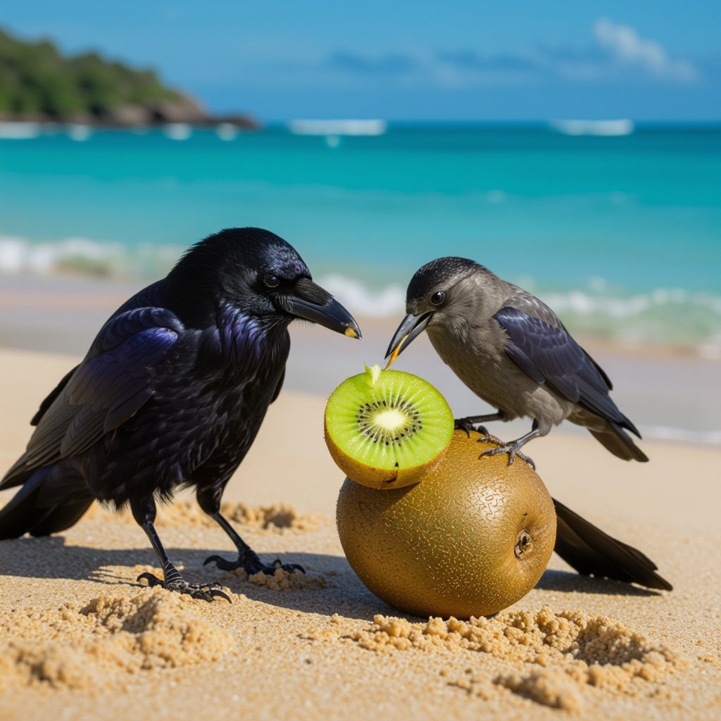 Crow kiwi fruit body beach