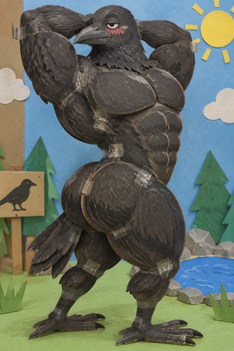 Cartoon muscular crow standing in a colorful forest landscape with sun, clouds, trees, and stream