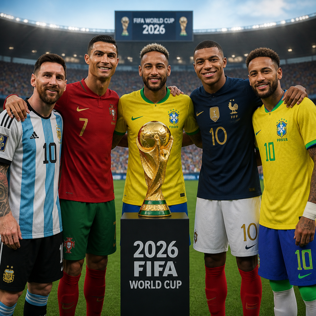 2026 World Cup with Messi, Ronaldo, Lemar, Mbappé, and Neymar on it