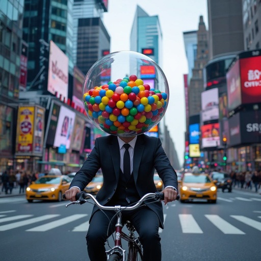 Gumball machine man ride bicycle in city