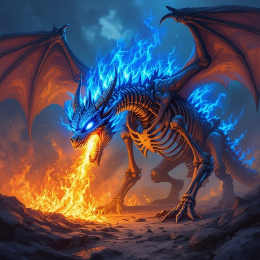 Drago scheletro con 1 occhio azzurro che brucia tutto cn del fuoco blu 