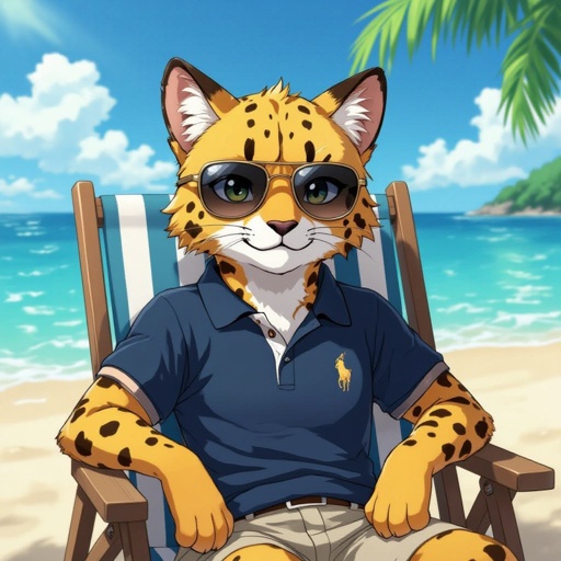 Ghepardo con occhiali da sole e polo in uno sdraio sole in spiaggia