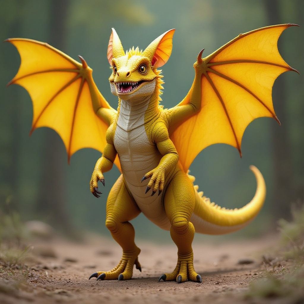 Yellow bat with yellow wingsbut the bat has human legs and T rex head