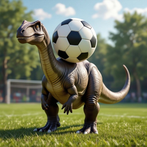 Un bronto sauro con un pallone da calcio al posto della testa