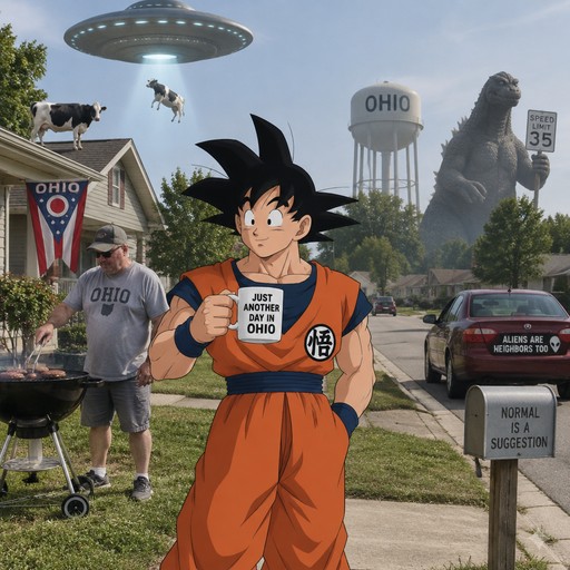 Anime character stands beside a barbecue under a flying saucer in an Ohio roadside scene.