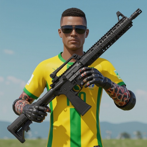 Uma arma cam braços e pernas com a camisa do Brasil e um óculos escuro