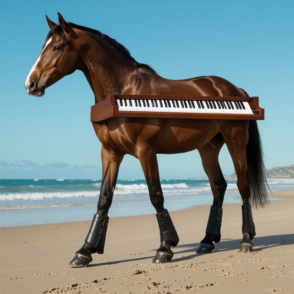 Horse with piano body 2 wear boots in beach
