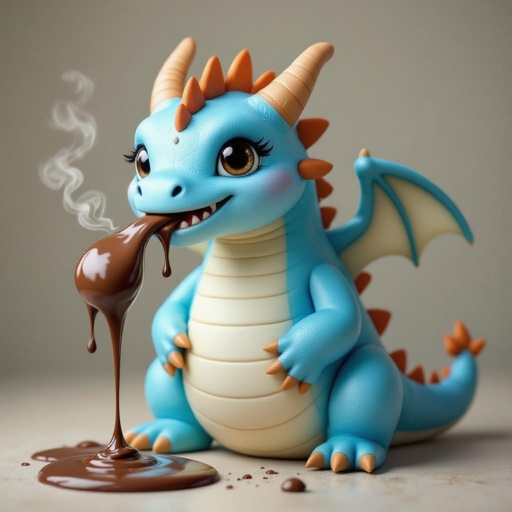 Un drago fatto di Marshmallow blu e gentile sputa cioccolata al posto del fuoco