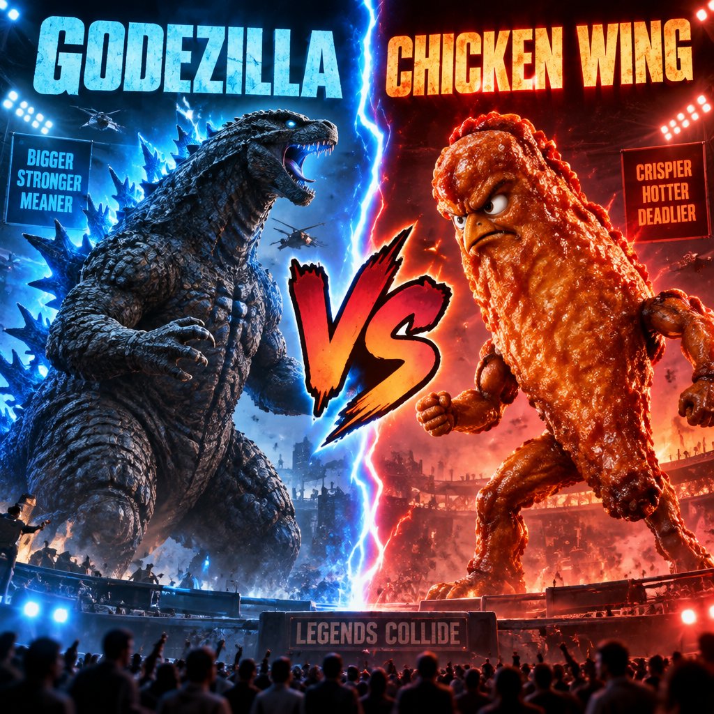 Blue Godzilla and fiery chicken mascot face off in a colorful versus poster.