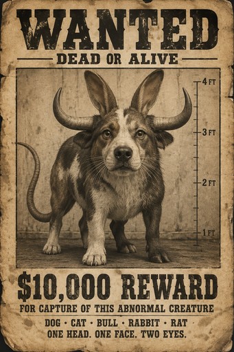 Vintage sepia wanted poster featuring a horned, multi-legged creature with reward text