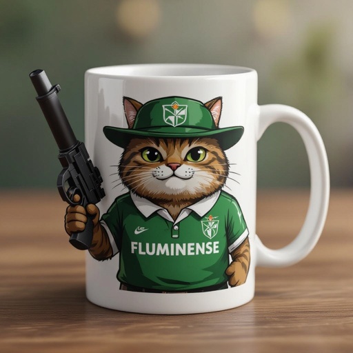 Uma caneca com blusa do fluminense e uma arma na mão