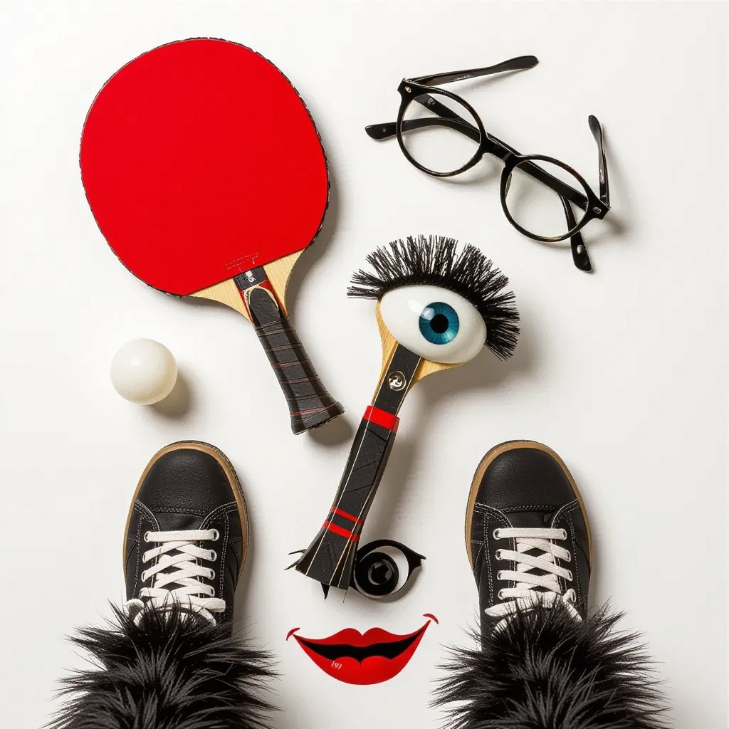 a table tennis racket with a flying ball, two hairy praccias and two hairy legs, two eyes and a mouth and glasses