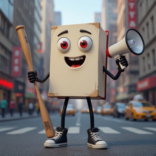 Book with human face 2 red eye 2 black arm 2 black leg with wear 2 shoes with baseball bat and megaphone in city