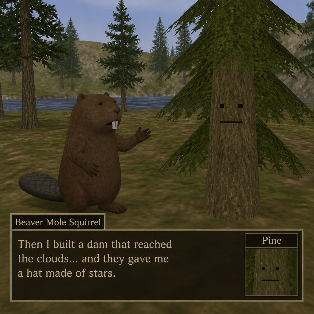 Pixel-art forest scene with a beaver-like character and smiling pine tree dialogue box