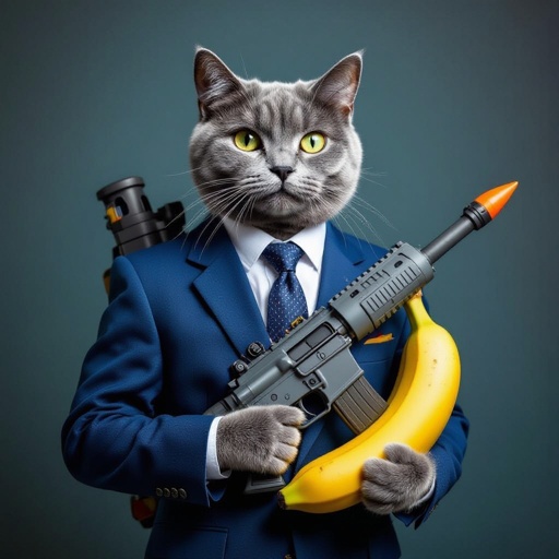 Un gatto con un lancia razzi con un vestito blue e un banana