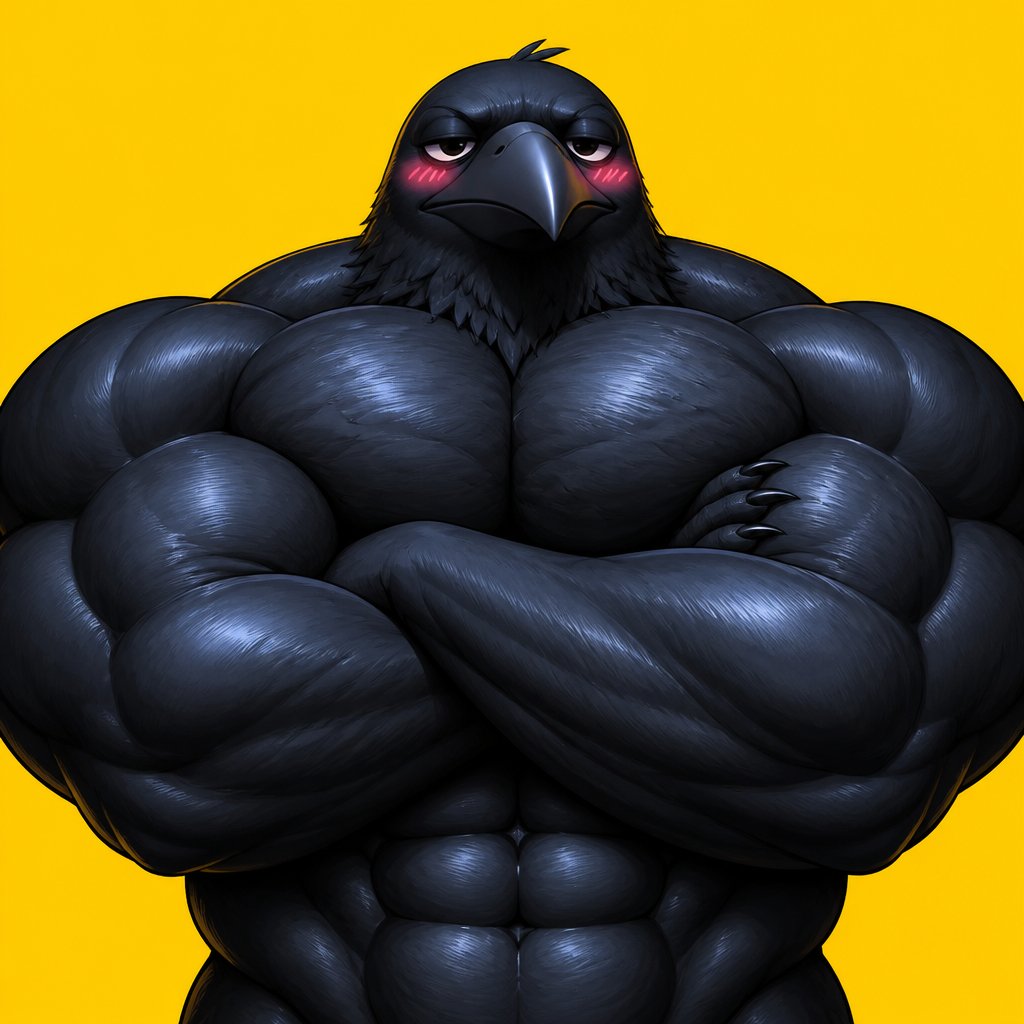 Cartoon-style black muscular humanoid with crossed arms on a bright yellow background