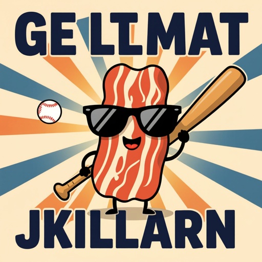 Um bacon de óculos escuros e com um taco de baseball na mão