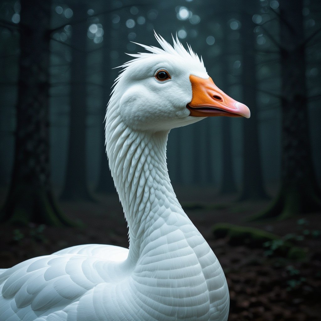 Goose with human head in woods