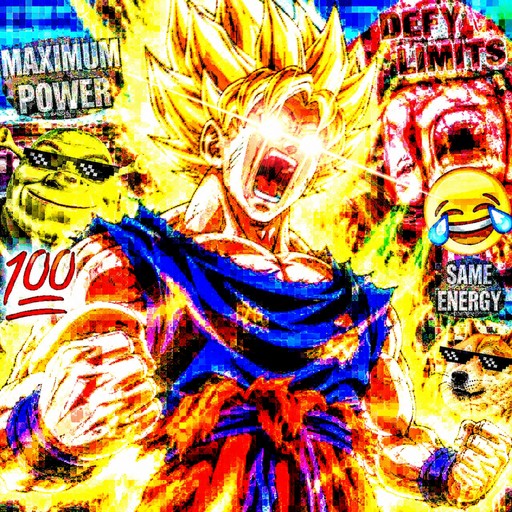 Anime character surrounded by bright energy effects and colorful meme text overlays