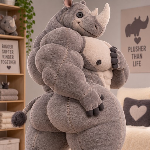 Plush gray rhinoceros character holding a smaller plush, surrounded by cozy decor.