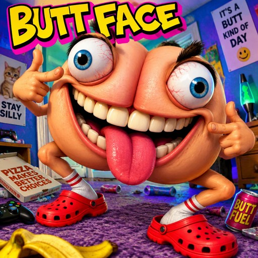 Colorful cartoon character with oversized eyes, tongue out, and red clogs in a playful room