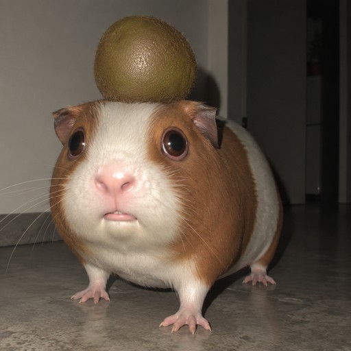 A guinea pig with a kiwi balanced on its head, in a dim room.