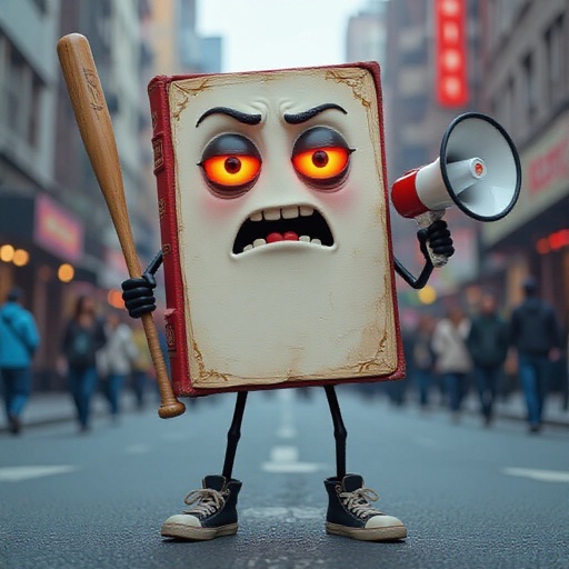 Book with human face 2 red eye 2 black arm 2 black leg with wear 2 shoes with baseball bat and megaphone in city