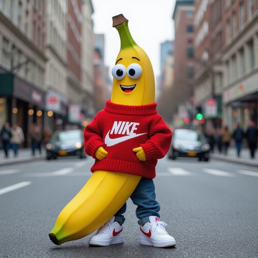Make a banana wearing Gucci jumper with Nike shoes in city