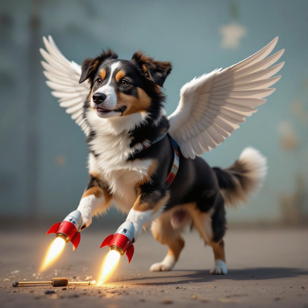 Un cane con le ali è dei razzi ai piedi con un cerino