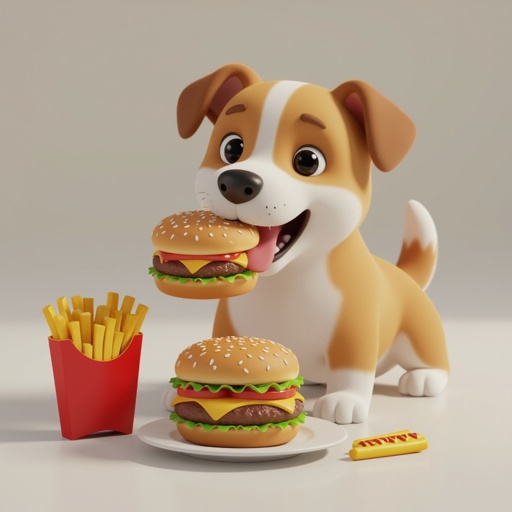 A dog eating a hamburger, french fries and hotdog
