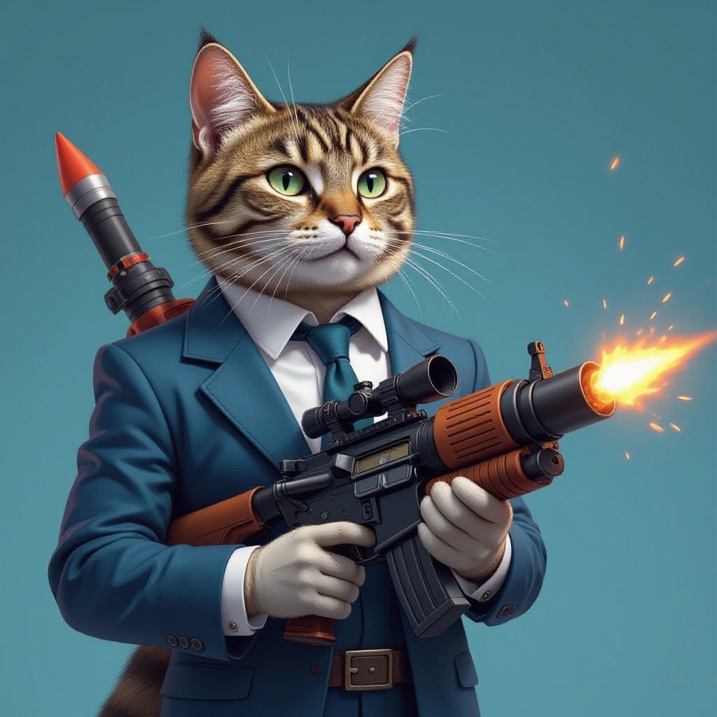 Un gatto con un lancia razzi con un vestito blue