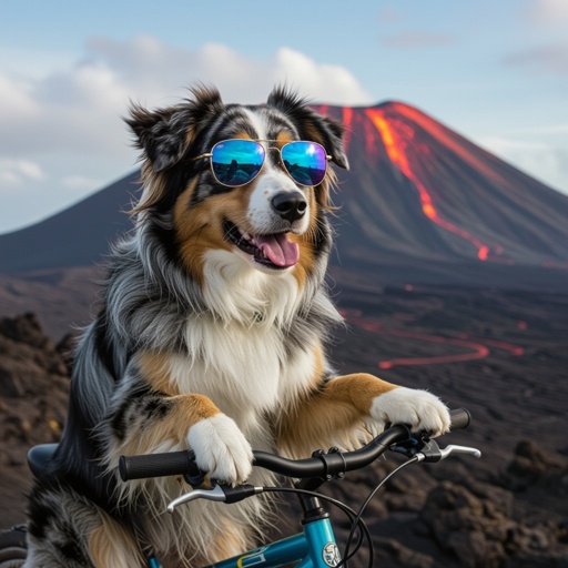Um cachorro de bicicleta e óculos escuros no vulcão