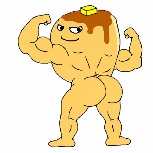 Cartoon muscular bread character flexing against a plain white background