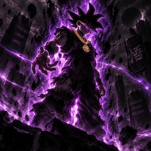 Anime-style figure surrounded by purple lightning in a dark cityscape