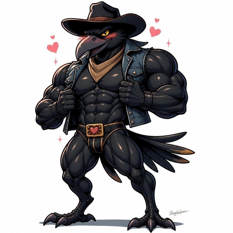 Stylized anthropomorphic black bird in cowboy hat and leather jacket posing with pink hearts.