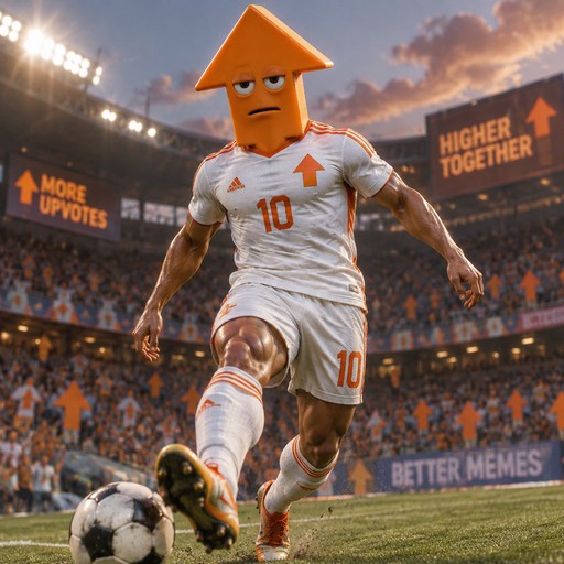 Cartoon football player wearing an orange traffic-cone hat kicks a ball in a stadium.