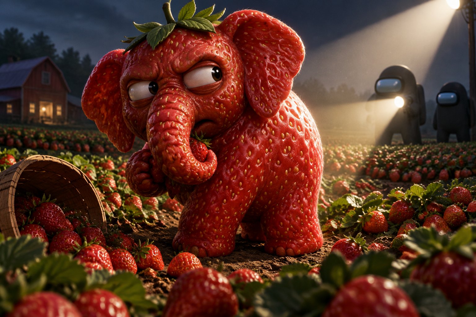Red strawberry-textured elephant in a garden of strawberries at night