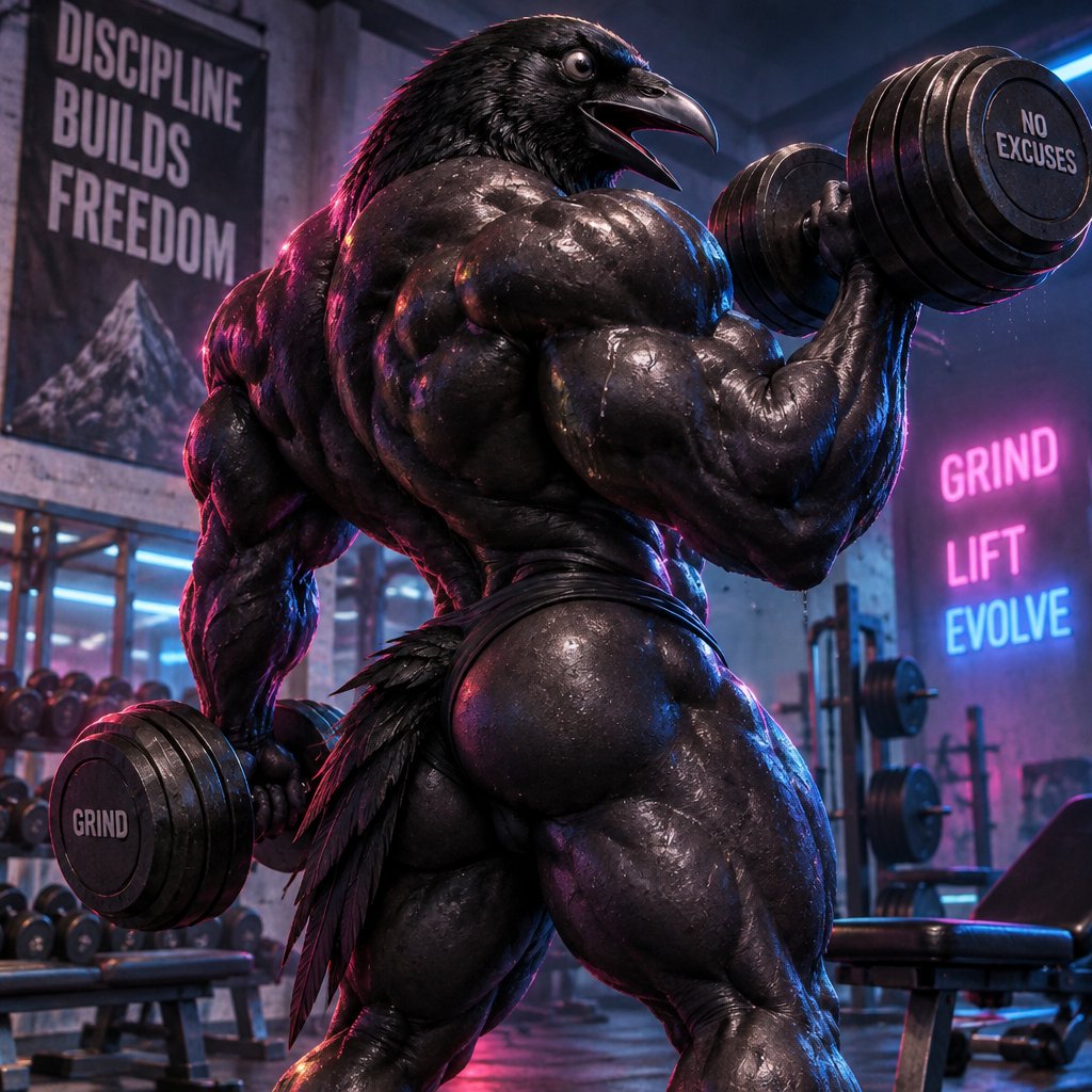 Muscular black raven-headed figure lifting dumbbells in a neon-lit gym.